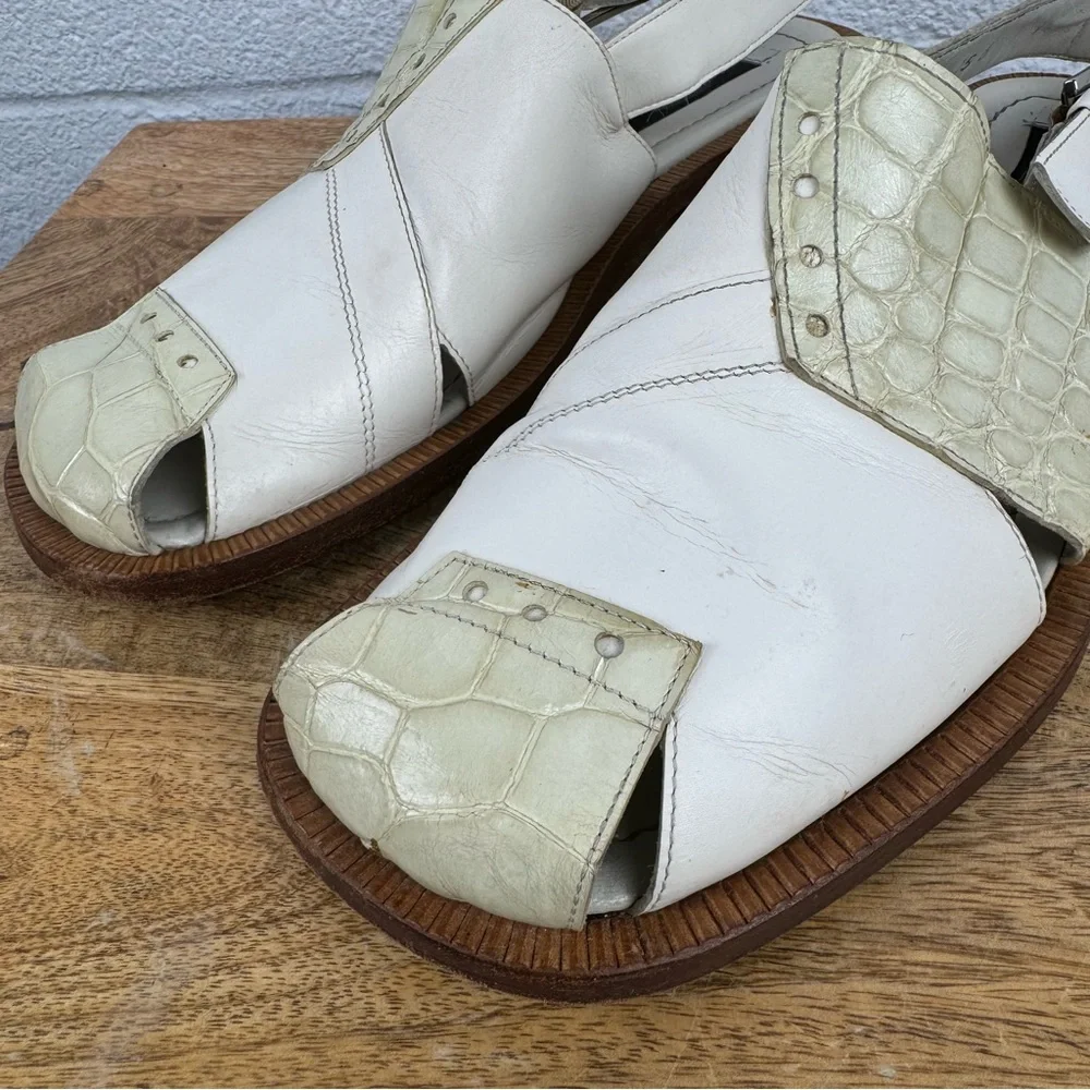 Fennix Italy White Leather & Alligator Slingback Sandals Size 9.5 Made in Italy